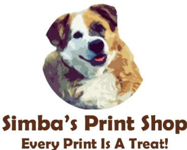 Logo of Simba's Print Shop with a dog illustration and tagline on a white background